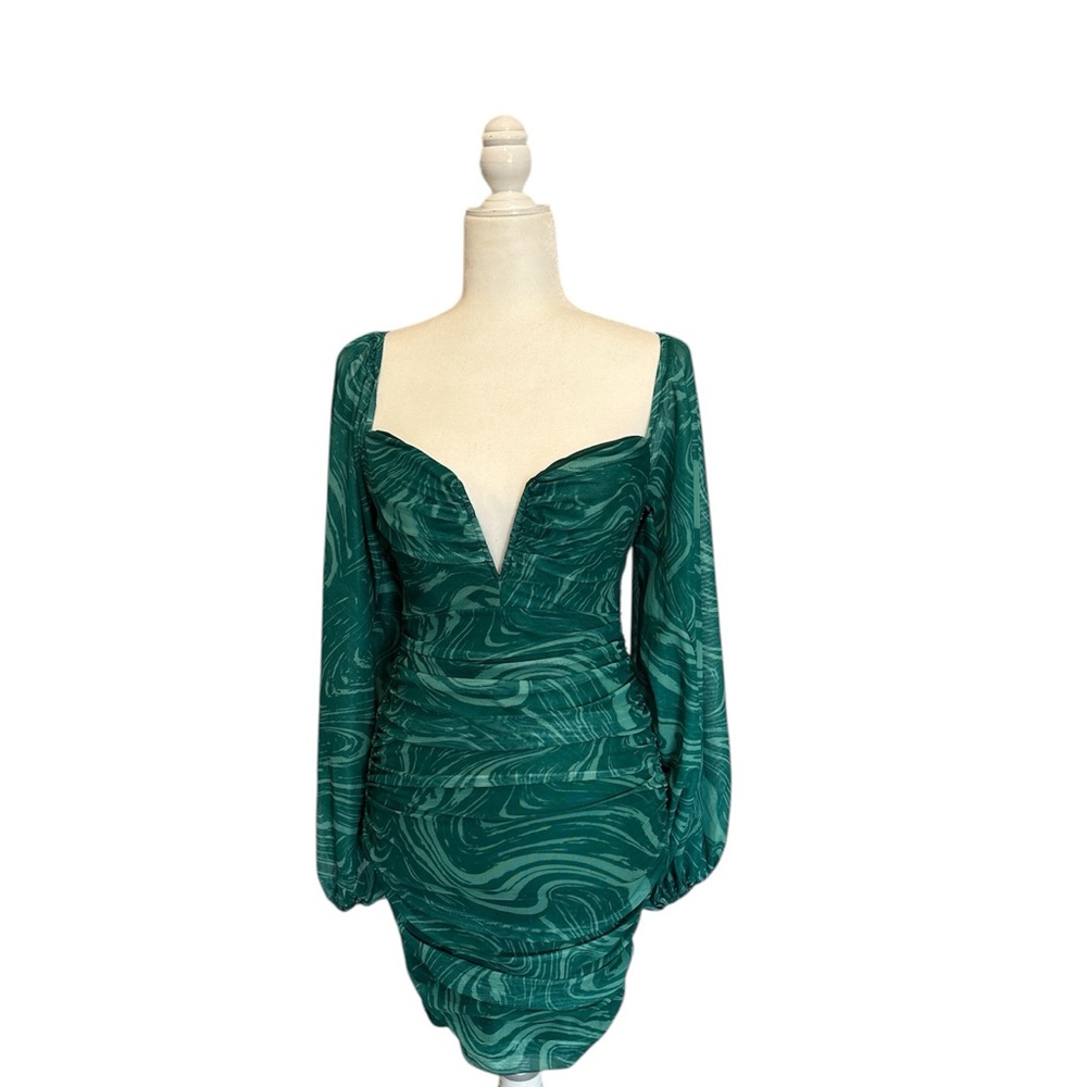 Luxxel Green Long Sleeve short mesh overlay stretch ruched Dress